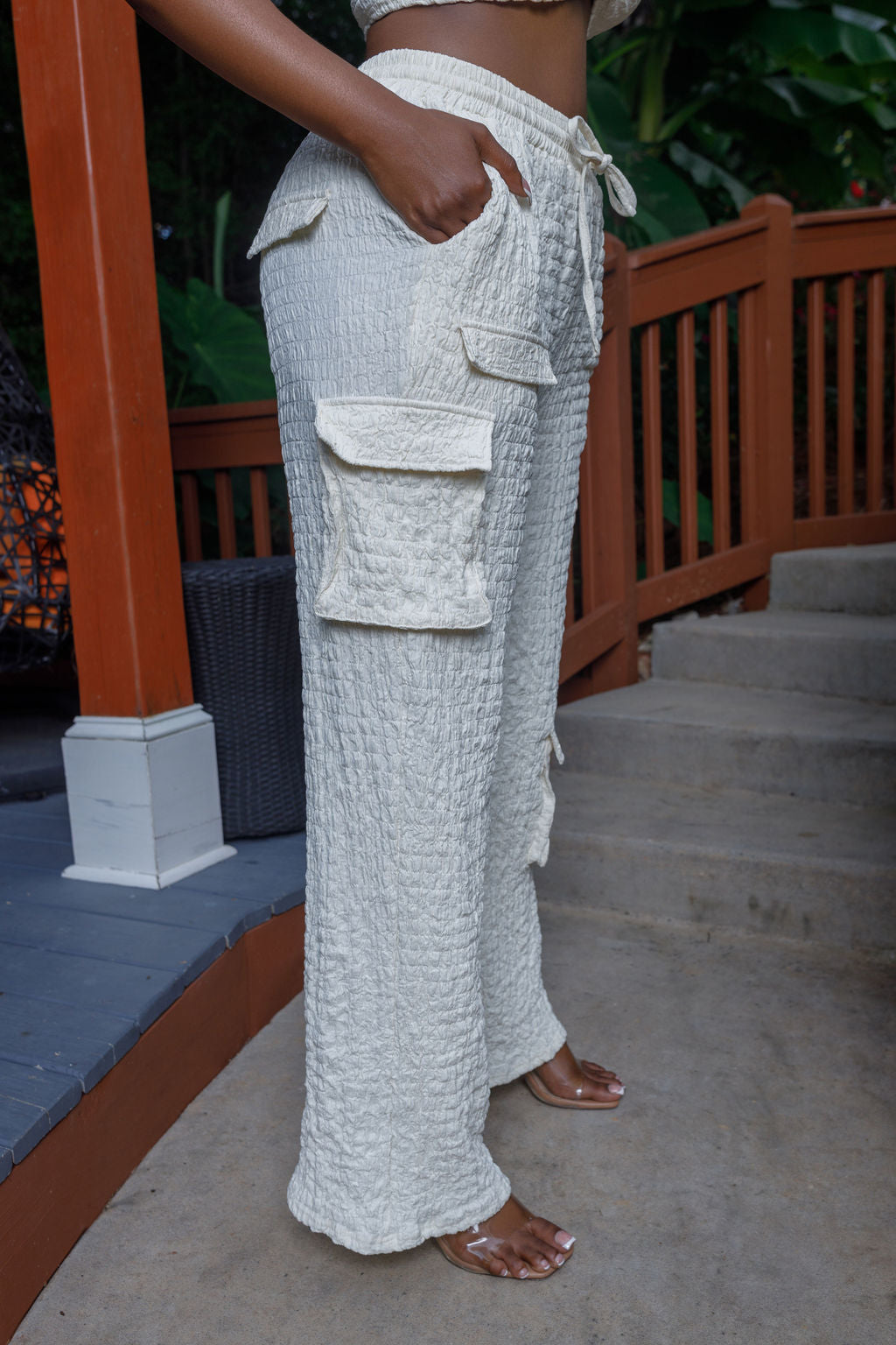 textured cargo pant set cream