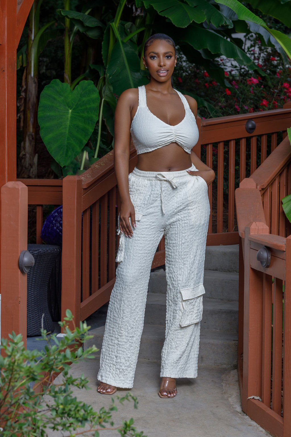 textured cargo pant set cream