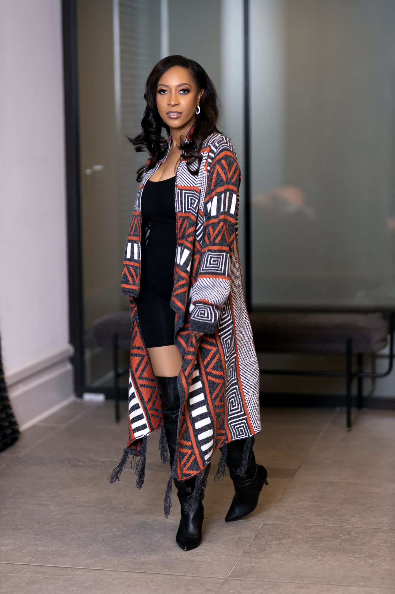 tribal cape sweater gray rust white