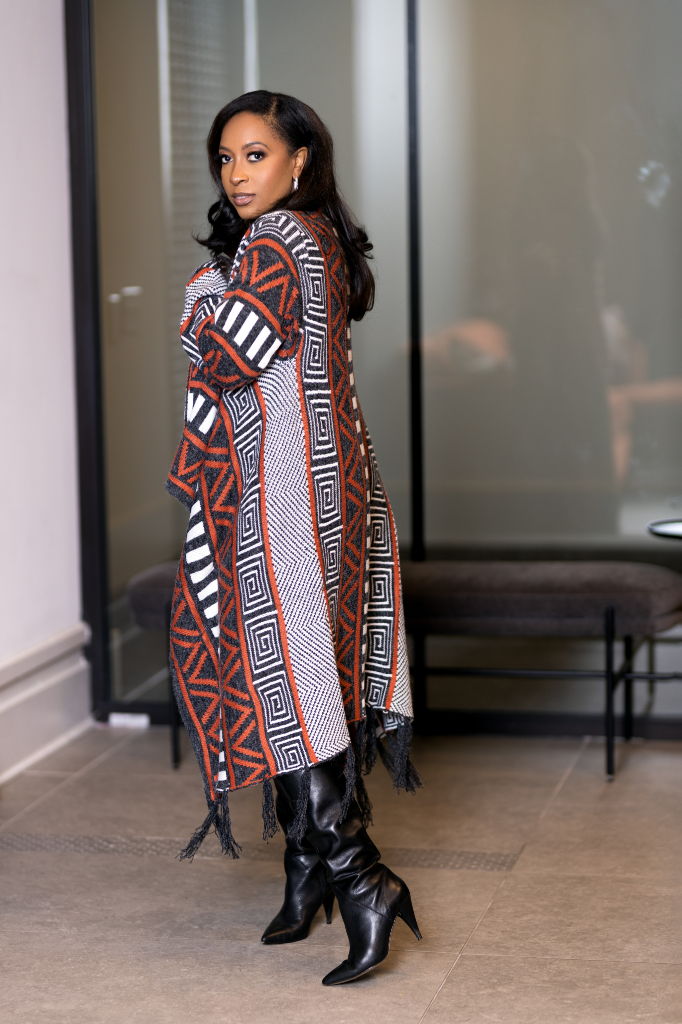 tribal cape sweater gray rust white