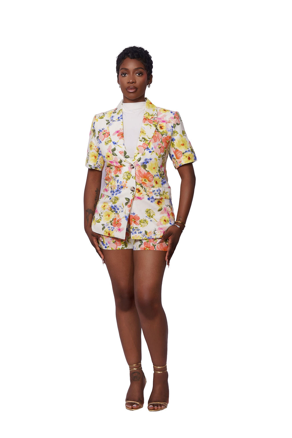 Garden Party Short Blazer Set in white multicolor watercolor floral print — short sleeve single button blazer with matching high-waist shorts