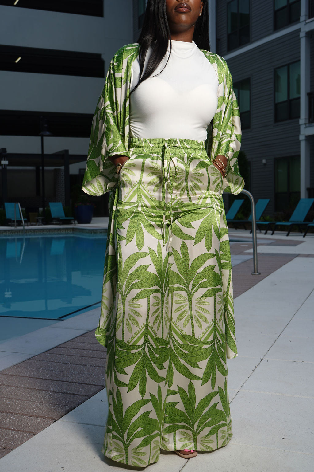 Tulum Kimono Pant Set in green and cream tropical leaf print — open kimono top with wide leg pants