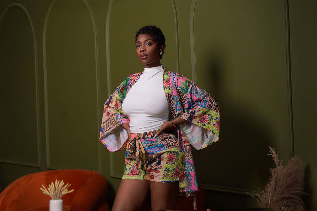 Havana Nights Kimono Short Set in multicolor tropical patchwork print — oversized open-front kimono with self-tie belt and matching mini shorts